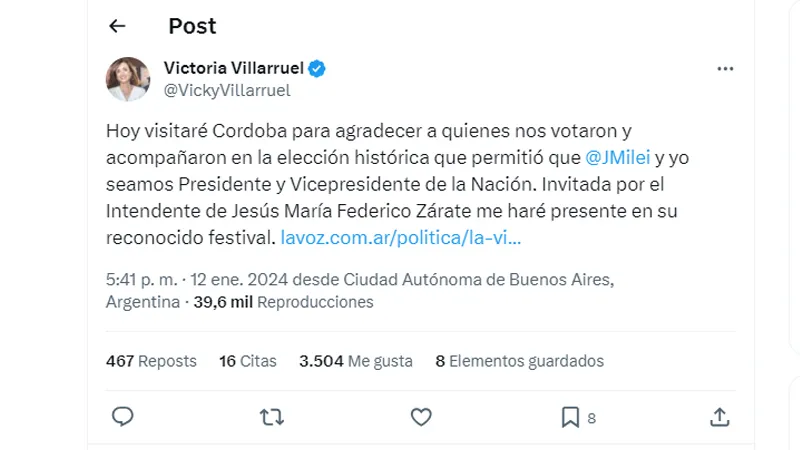 Twit de Victoria Villarruel